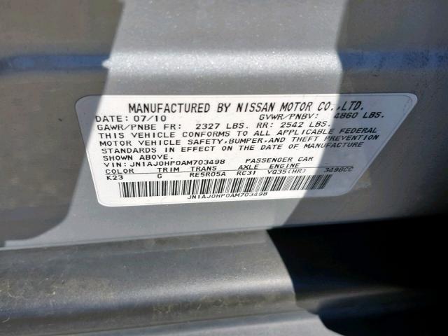 JN1AJ0HP0AM703498 - 2010 INFINITI EX35 BASE SILVER photo 10