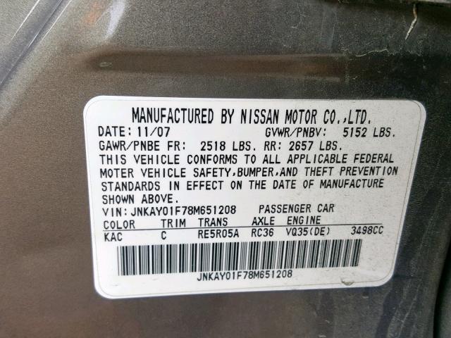 JNKAY01F78M651208 - 2008 INFINITI M35 BASE GRAY photo 10