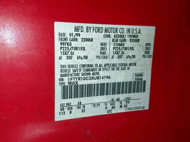 1FTYR10C3XUB14196 - 1999 FORD RANGER RED photo 10