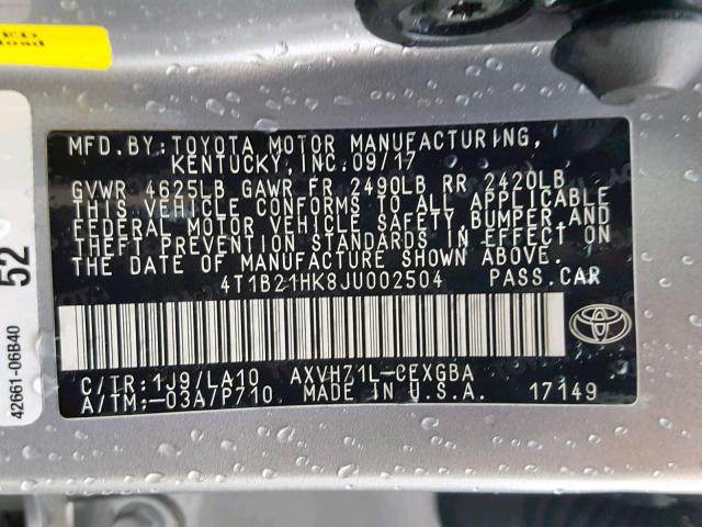 4T1B21HK8JU002504 - 2018 TOYOTA CAMRY HYBR GRAY photo 10