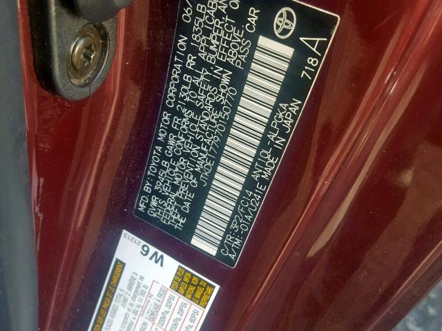 JTKDE177970150770 - 2007 TOYOTA SCION TC BURGUNDY photo 10
