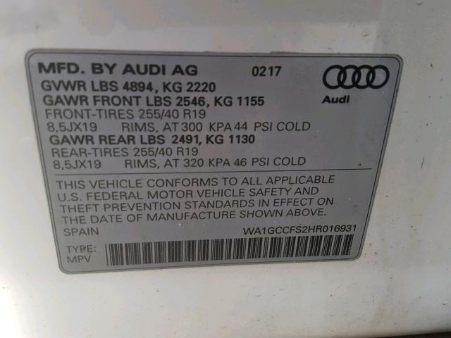 WA1GCCFS2HR016931 - 2017 AUDI Q3 PRESTIG WHITE photo 10