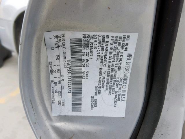 1FAFP55U31A203772 - 2001 FORD TAURUS SES SILVER photo 10