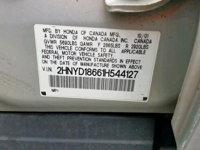 2HNYD18661H544127 - 2001 ACURA MDX TOURIN SILVER photo 10