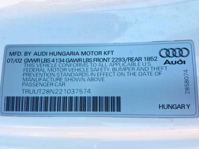 TRUUT28N221037574 - 2002 AUDI TT QUATTRO WHITE photo 10