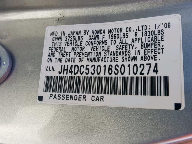 JH4DC53016S010274 - 2006 ACURA RSX TYPE-S SILVER photo 10
