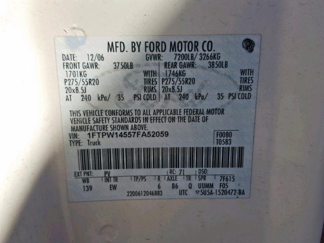 1FTPW14557FA52059 - 2007 FORD F150 SUPER WHITE photo 10