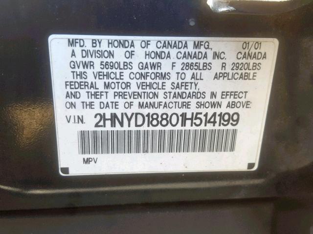 2HNYD18801H514199 - 2001 ACURA MDX TOURIN BLACK photo 10