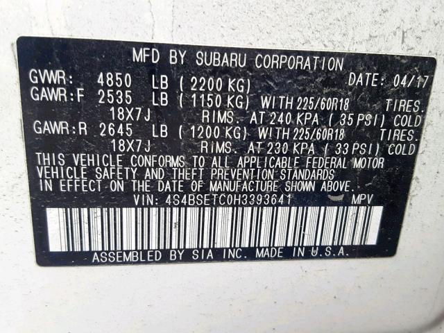 4S4BSETC0H3393641 - 2017 SUBARU OUTBACK TO BLACK photo 10