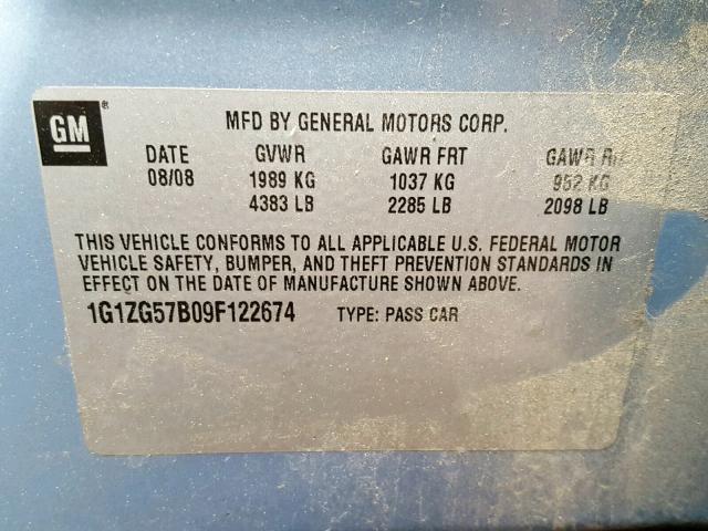 1G1ZG57B09F122674 - 2009 CHEVROLET MALIBU LS BLUE photo 10