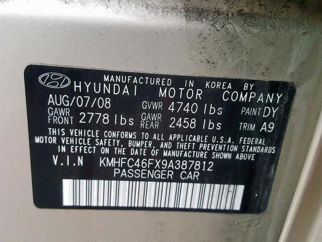 KMHFC46FX9A387812 - 2009 HYUNDAI AZERA SE BEIGE photo 10