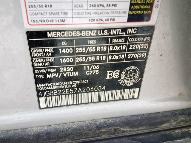 4JGBB22E57A206034 - 2007 MERCEDES-BENZ ML 320 CDI SILVER photo 10