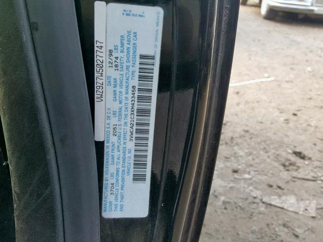 3VWCA21C3XM433458 - 1999 VOLKSWAGEN NEW BEETLE შავი ფოტო 10