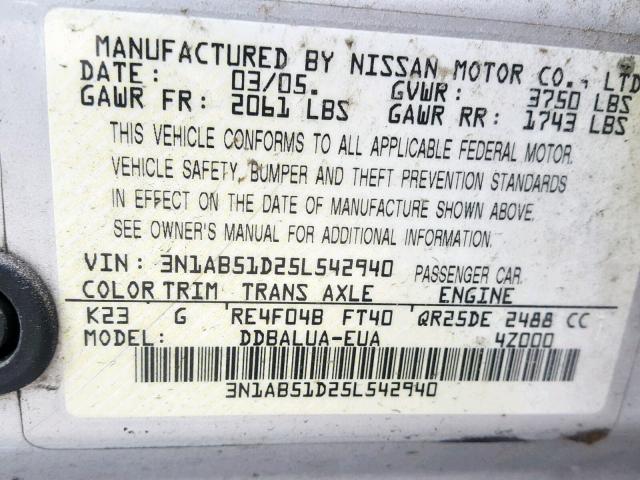 3N1AB51D25L542940 - 2005 NISSAN SENTRA SE- SILVER photo 10