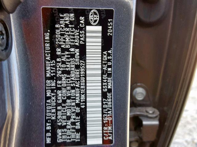 4T1BK1EBXGU199527 - 2016 TOYOTA AVALON XLE GRAY photo 10