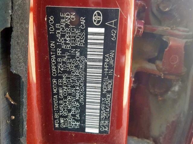 JTKKT624765013528 - 2006 TOYOTA SCION XA RED photo 10