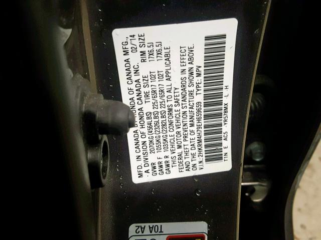 2HKRM4H79EH659659 - 2014 HONDA CR-V EXL CHARCOAL photo 10