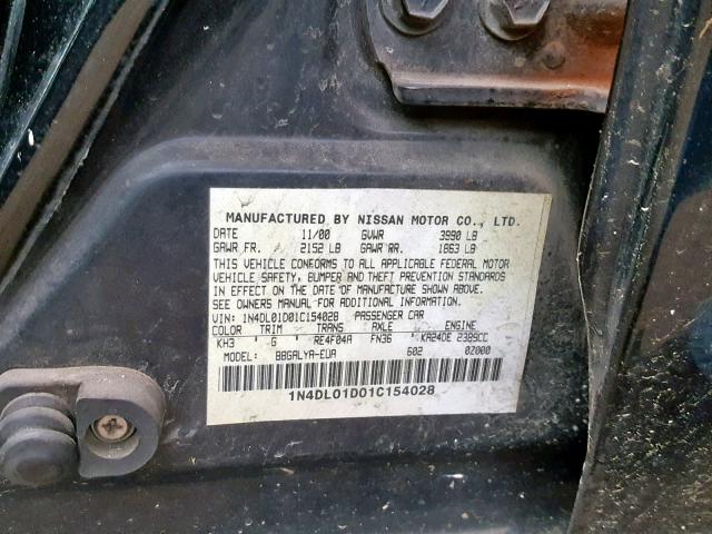 1N4DL01D01C154028 - 2001 NISSAN ALTIMA XE BLACK photo 10