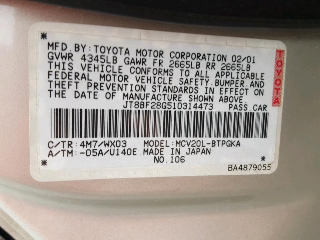 JT8BF28G510314473 - 2001 LEXUS ES 300 TAN photo 10