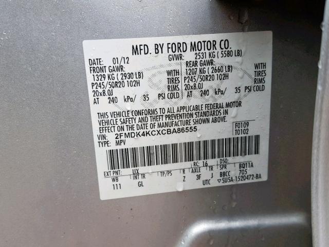 2FMDK4KCXCBA86555 - 2012 FORD EDGE LIMIT SILVER photo 10