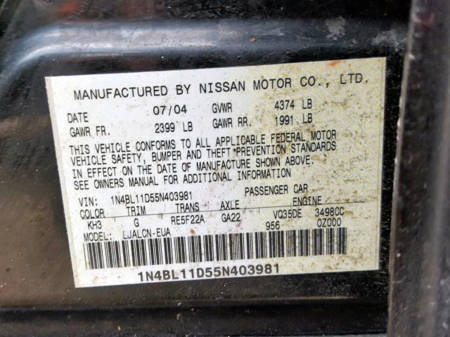 1N4BL11D55N403981 - 2005 NISSAN ALTIMA SE BLACK photo 10