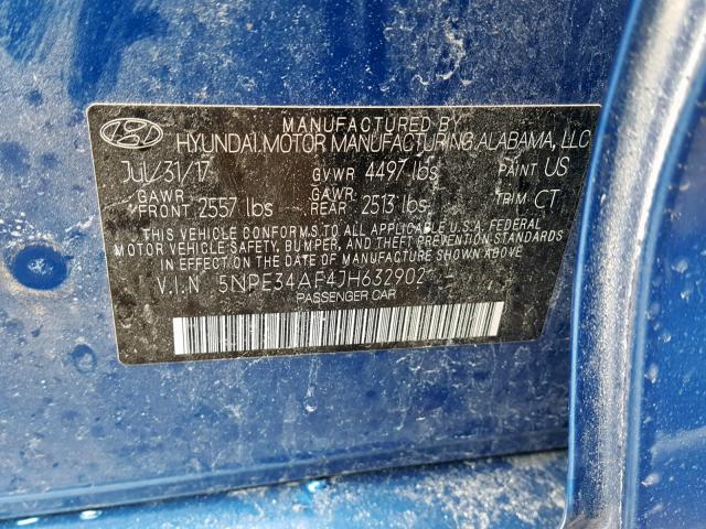 5NPE34AF4JH632902 - 2018 HYUNDAI SONATA SPO BLUE photo 10