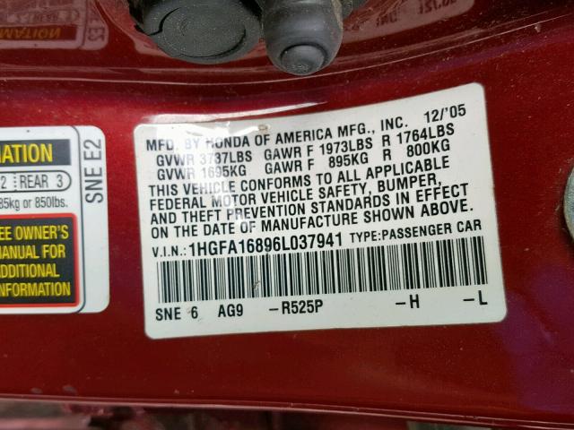 1HGFA16896L037941 - 2006 HONDA CIVIC EX მუქწითელი ფოტო 10