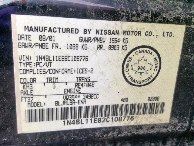 1N4BL11E82C108776 - 2002 NISSAN ALTIMA SE BLACK photo 10