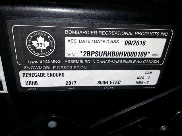 2BPSURHB0HV000189 - 2017 SKI DOO RENEGADE BLACK photo 10