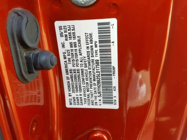 5J6YH28625L017589 - 2005 HONDA ELEMENT EX ORANGE photo 10