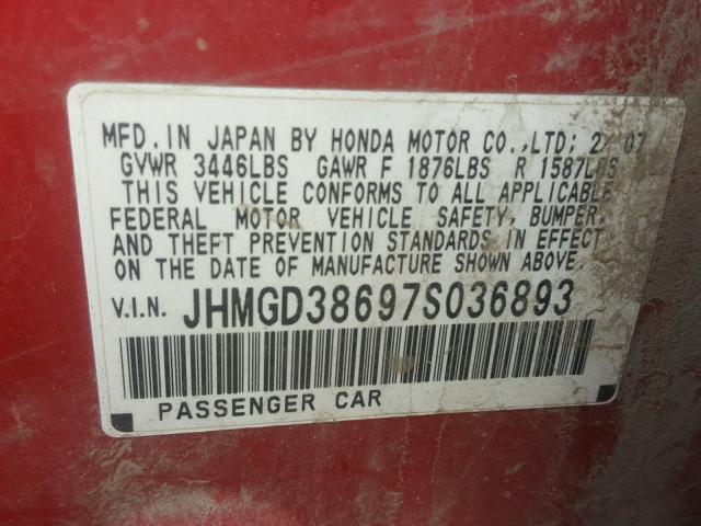 JHMGD38697S036893 - 2007 HONDA FIT S RED photo 10