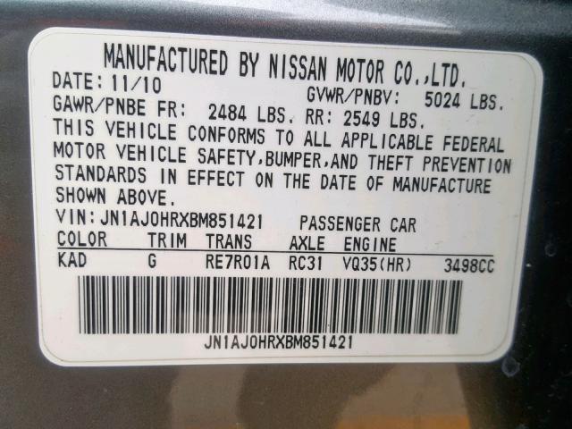 JN1AJ0HRXBM851421 - 2011 INFINITI EX35 BASE CHARCOAL photo 10