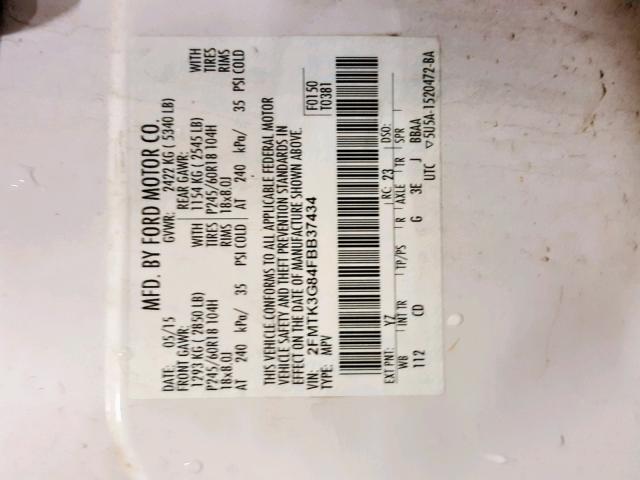 2FMTK3G84FBB37434 - 2015 FORD EDGE SE WHITE photo 10