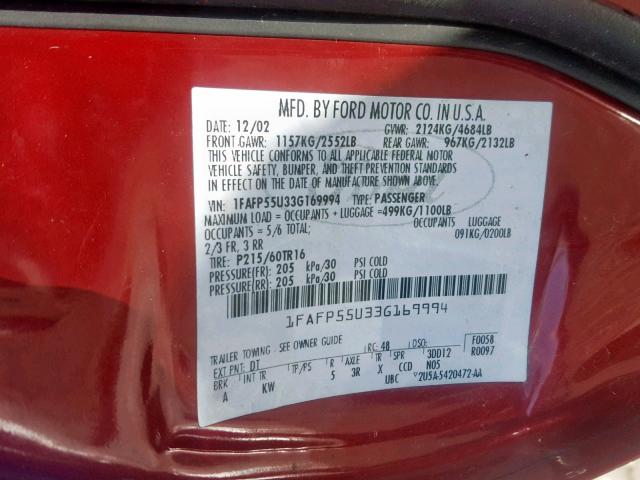 1FAFP55U33G169994 - 2003 FORD TAURUS SES RED photo 10