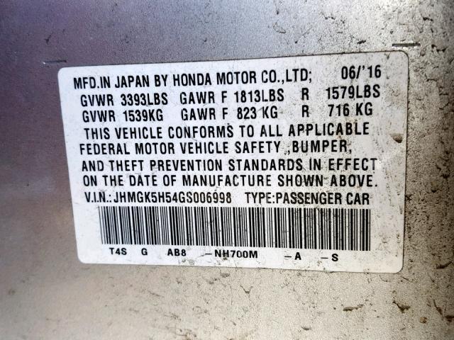 JHMGK5H54GS006998 - 2016 HONDA FIT LX SILVER photo 10