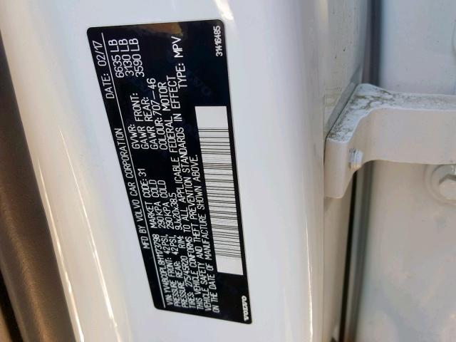 YV4BC0PL8H1173798 - 2017 VOLVO XC90 T8 WHITE photo 10