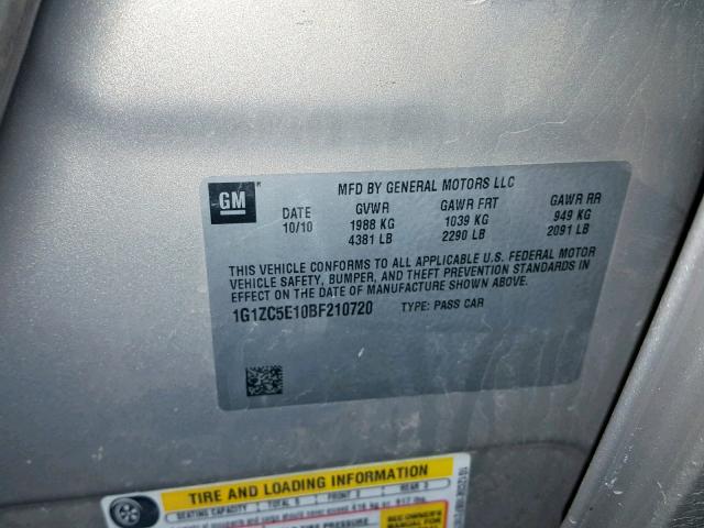 1G1ZC5E10BF210720 - 2011 CHEVROLET MALIBU 1LT 金色 照片 10