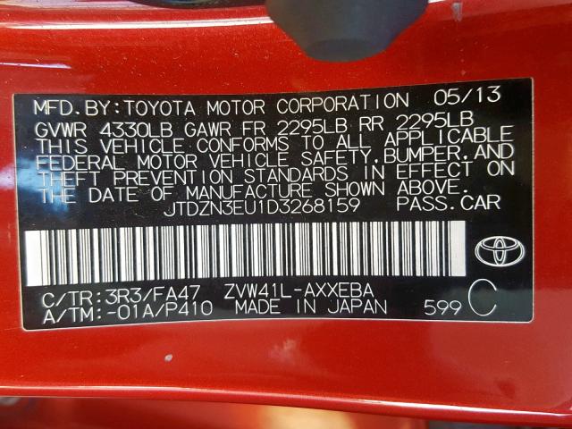 JTDZN3EU1D3268159 - 2013 TOYOTA PRIUS V RED photo 10