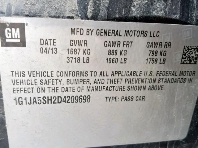 1G1JA5SH2D4209698 - 2013 CHEVROLET SONIC LS 黑色 照片 10