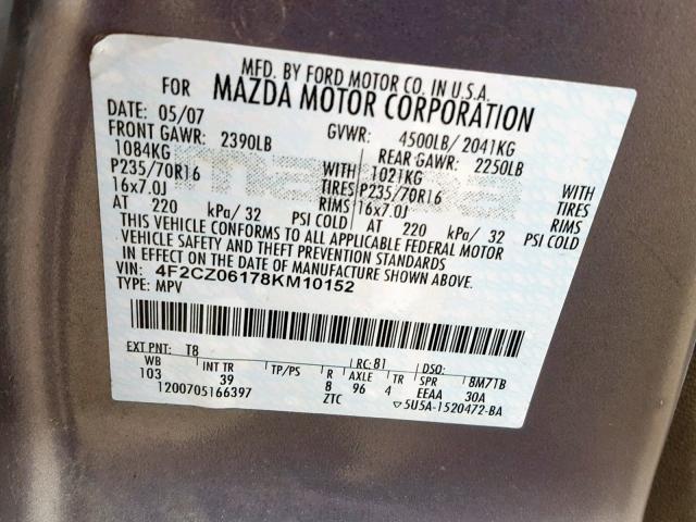 4F2CZ06178KM10152 - 2008 MAZDA TRIBUTE S GRAY photo 10