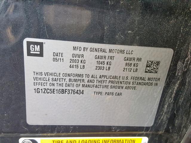 1G1ZC5E16BF376434 - 2011 CHEVROLET MALIBU 1LT BLACK photo 10