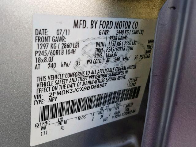 2FMDK3JCXBBB58557 - 2011 FORD EDGE SEL GRAY photo 10