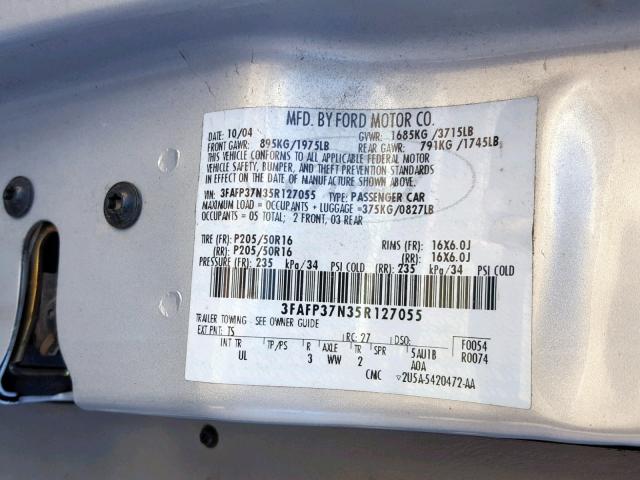 3FAFP37N35R127055 - 2005 FORD FOCUS ZX5 SILVER photo 10