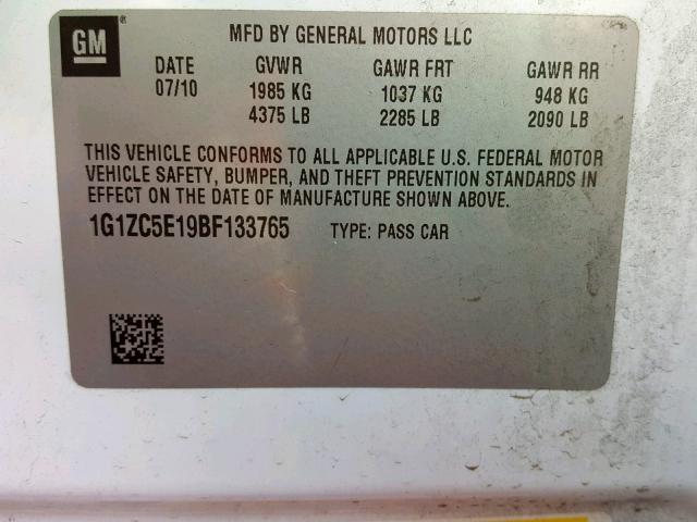 1G1ZC5E19BF133765 - 2011 CHEVROLET MALIBU 1LT 白色 照片 10