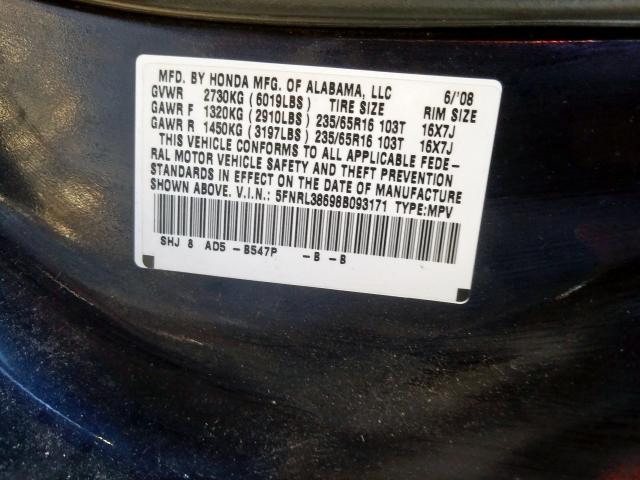 5FNRL38698B093171 - 2008 HONDA ODYSSEY EXL  photo 10