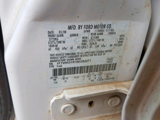 1FTWW31R18ED82271 - 2008 FORD F350 SRW S WHITE photo 10