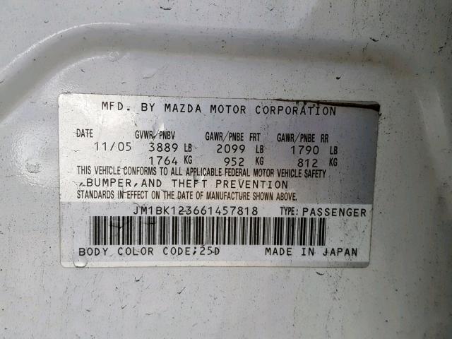 JM1BK123661457818 - 2006 MAZDA 3 S WHITE photo 10