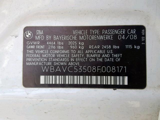 WBAVC53508F008171 - 2008 BMW 328 I SULE WHITE photo 10