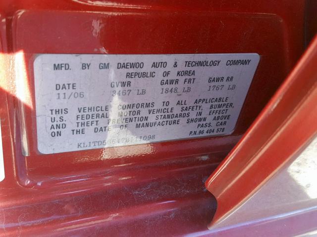 KL1TD56647B111098 - 2007 CHEVROLET AVEO BASE Қызыл фото 10