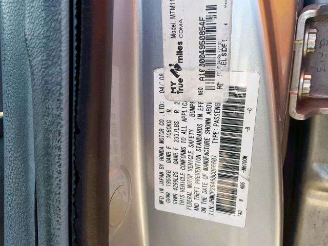 JHMCP26468C066687 - 2008 HONDA ACCORD LXP SILVER photo 10